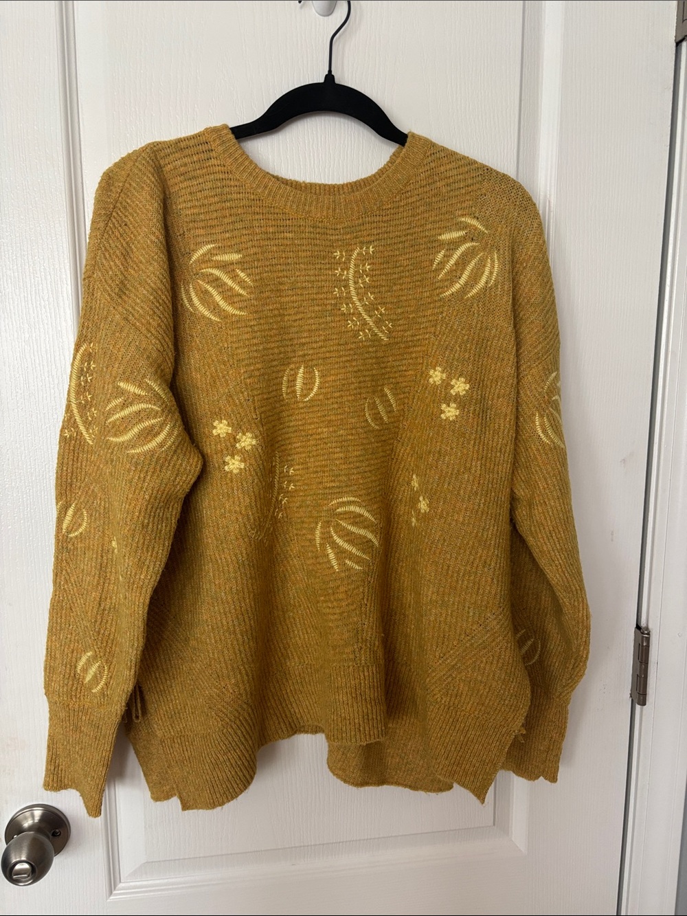 Women's Mustard Crewneck Sweater with Subtle Floral Motif